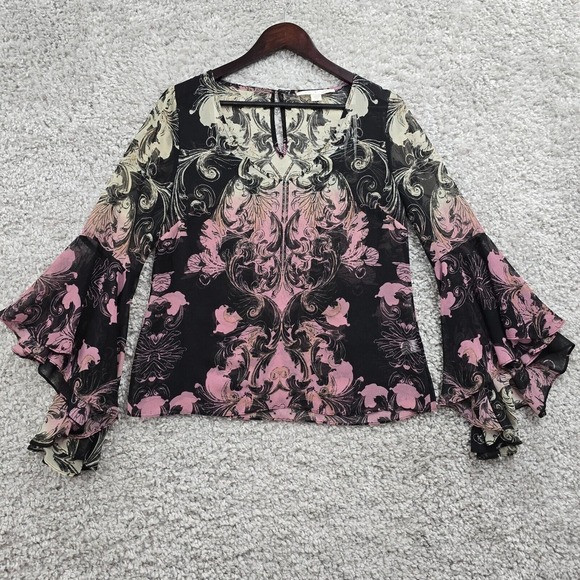 Boston‎ Proper Shirt Womens 6 Black Pink Sheer Bell Sleeve Whimsigoth Witchy Y2K - Picture 1 of 13